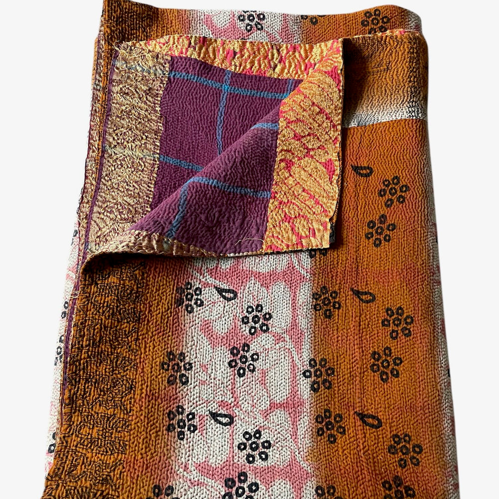 bright orange brown pink bedcover large kantha quilt fine stitching sari cotton washable comforter