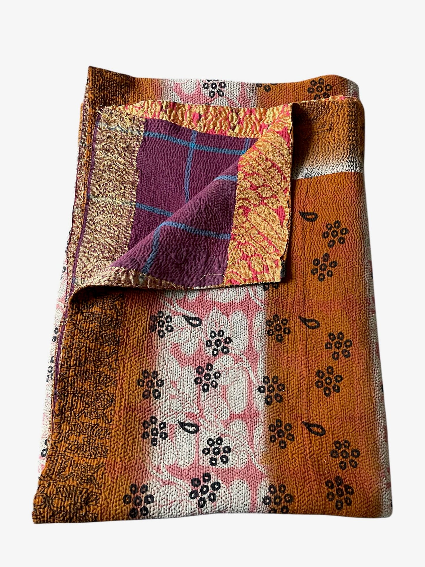 bright orange brown pink bedcover large kantha quilt fine stitching sari cotton washable comforter
