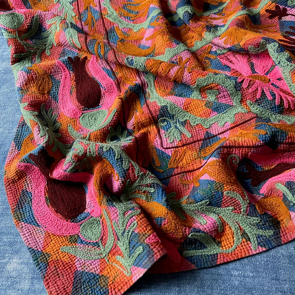 bright colourful kantha quilt suzani embroidered bedcover wall hanging single double washable