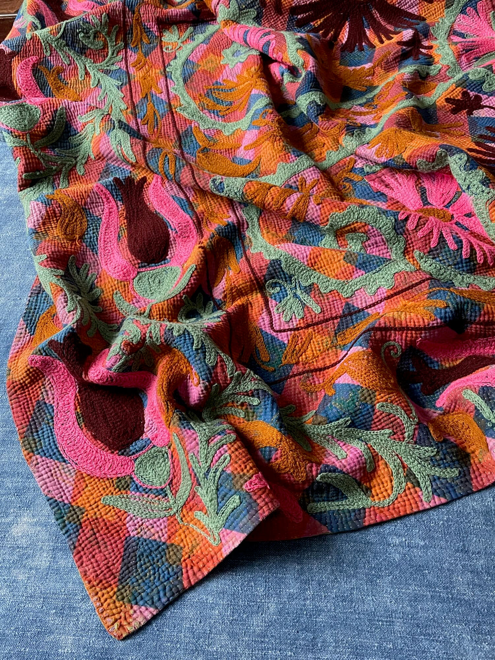 bright colourful kantha quilt suzani embroidered bedcover wall hanging single double washable