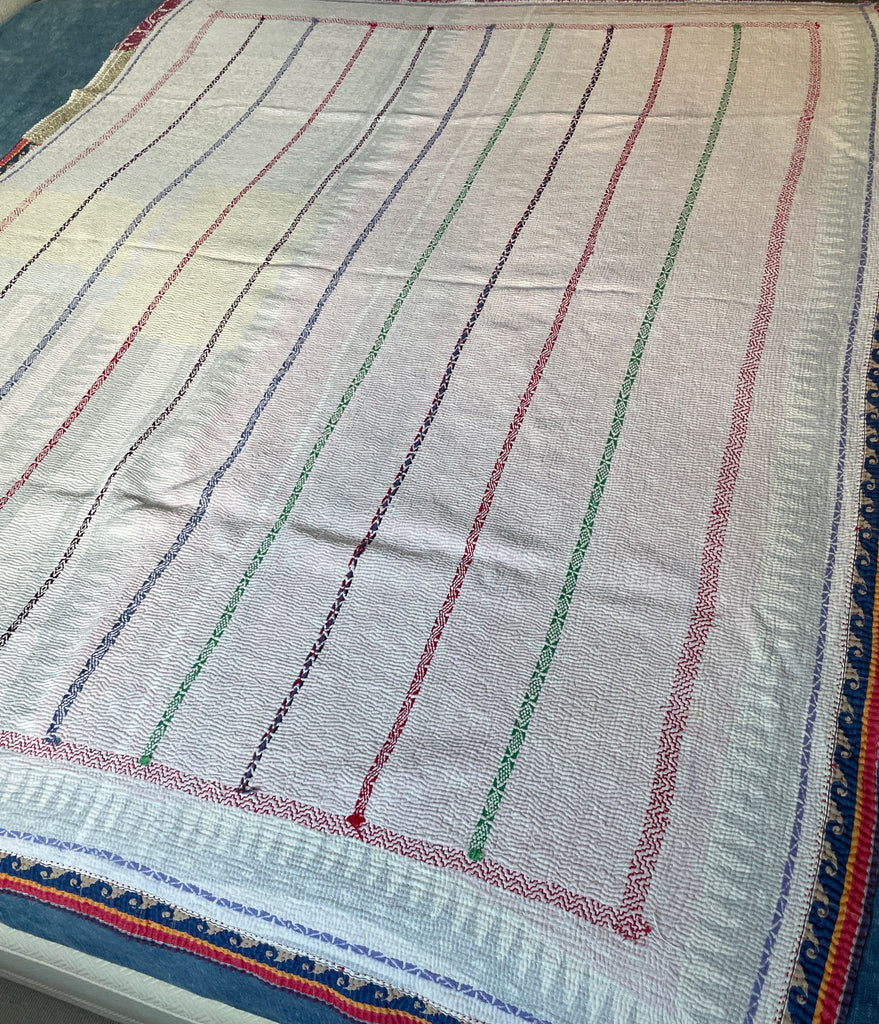white kantha quilt embroidered sofa throw bedspread with pink red blue detail cotton comforter