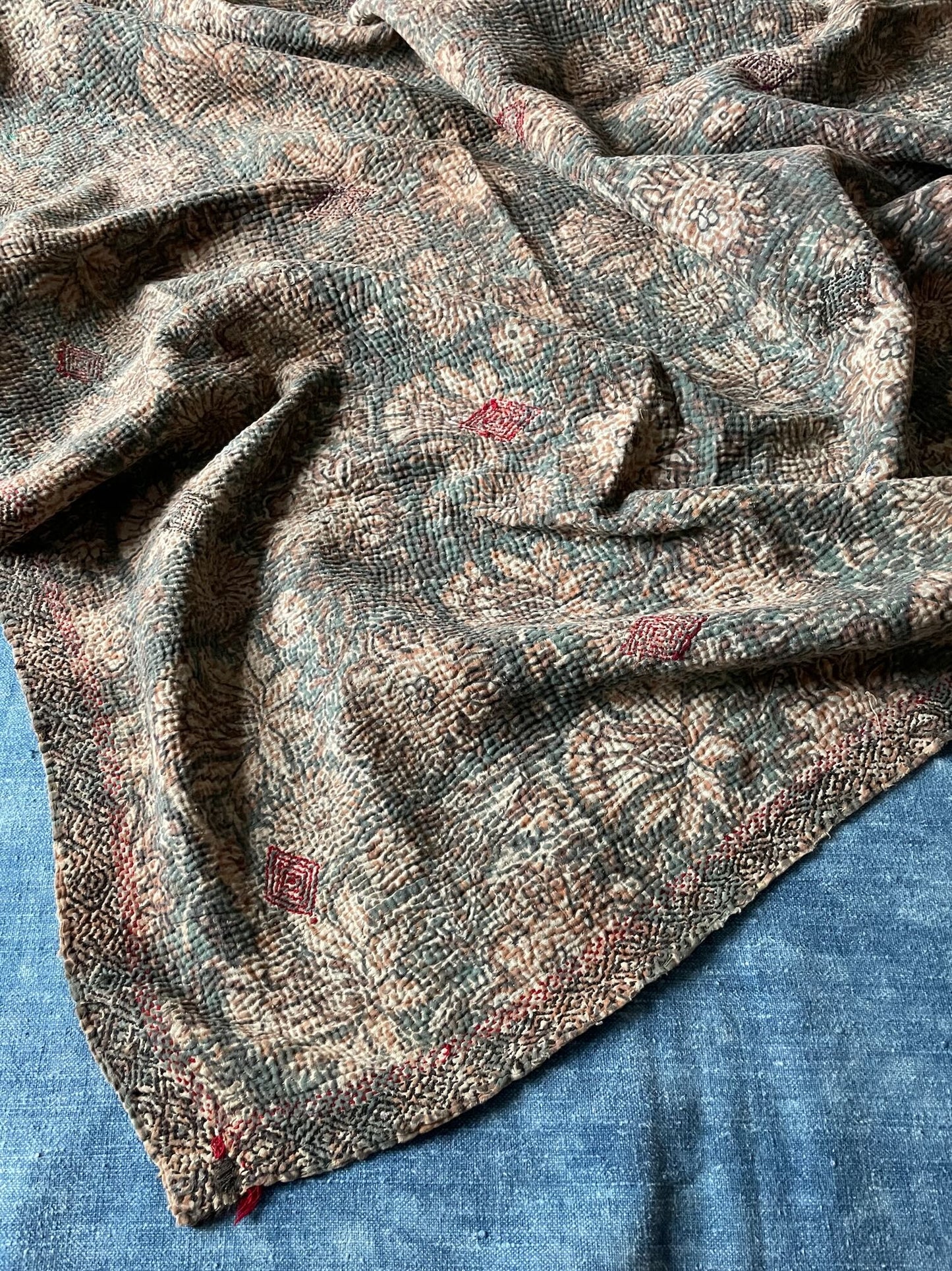 block print bedspread kantha quilt sofa throw cotton comforter fall colours leaves washable