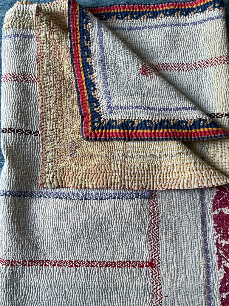 white kantha quilt embroidered sofa throw bedspread with pink red blue detail cotton comforter