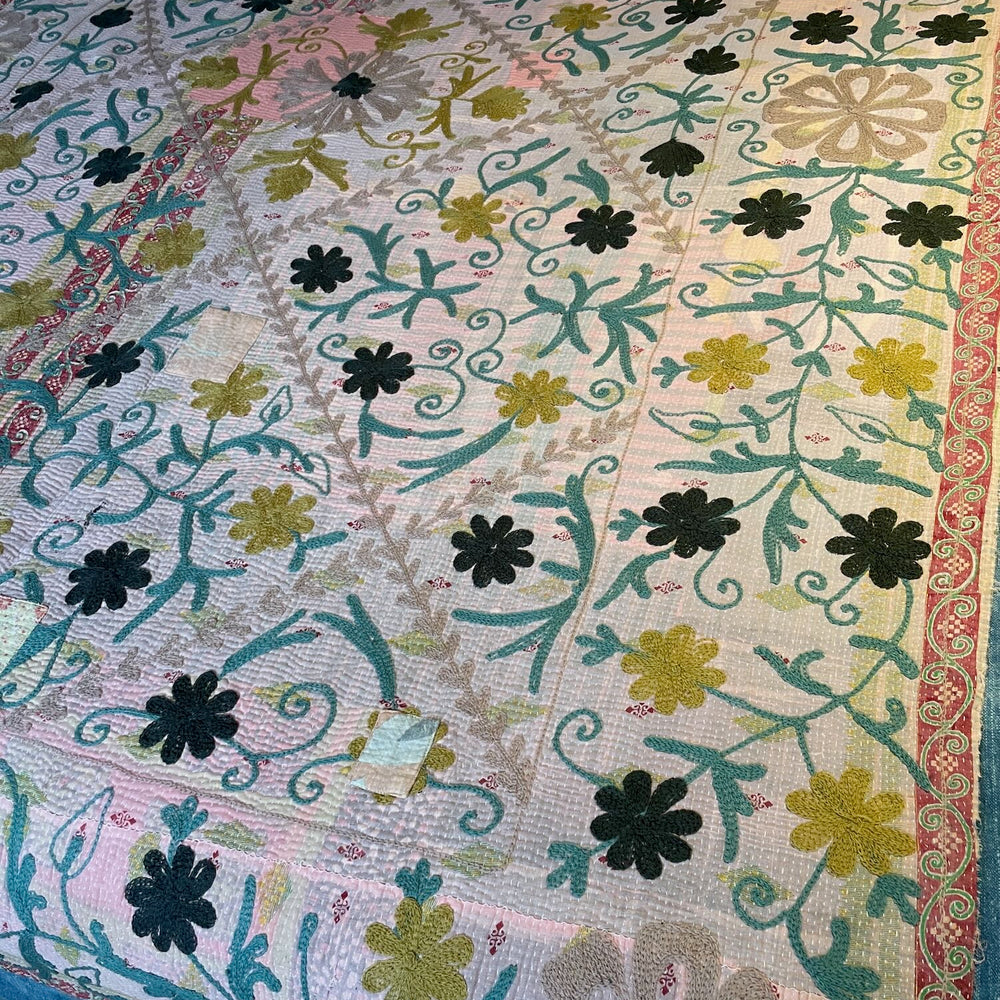 pretty pale pink kantha suzani style throw wall hanging sofa bedspread quilt embroidered washable