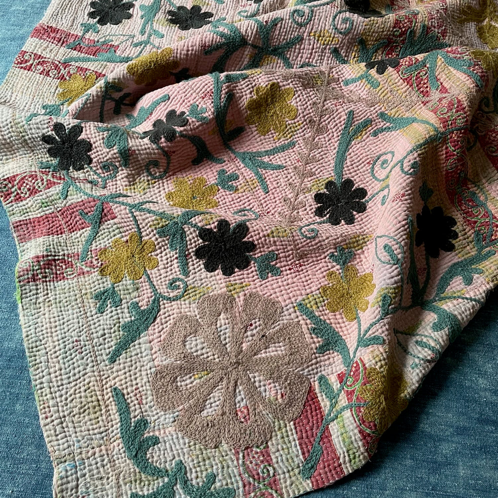 pretty pale pink kantha suzani style throw wall hanging sofa bedspread quilt embroidered washable