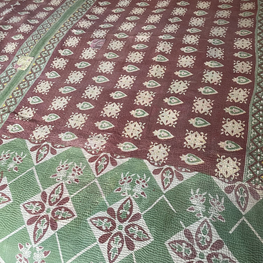 soft green aubergine purple brown kantha bedspread quilt sofa throw boteh pattern washable