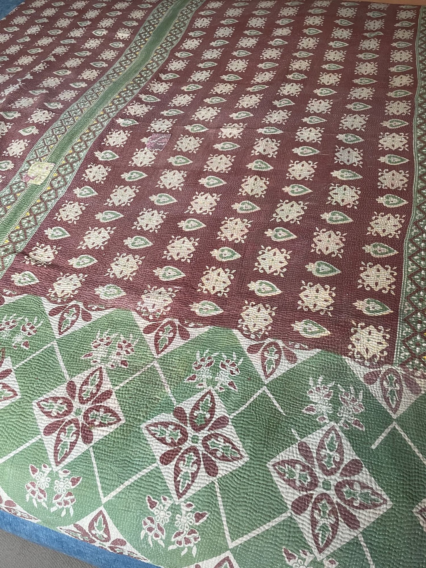 soft green aubergine purple brown kantha bedspread quilt sofa throw boteh pattern washable