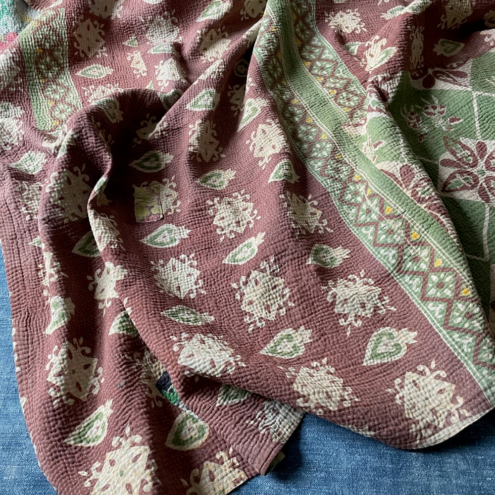soft green aubergine purple brown kantha bedspread quilt sofa throw boteh pattern washable