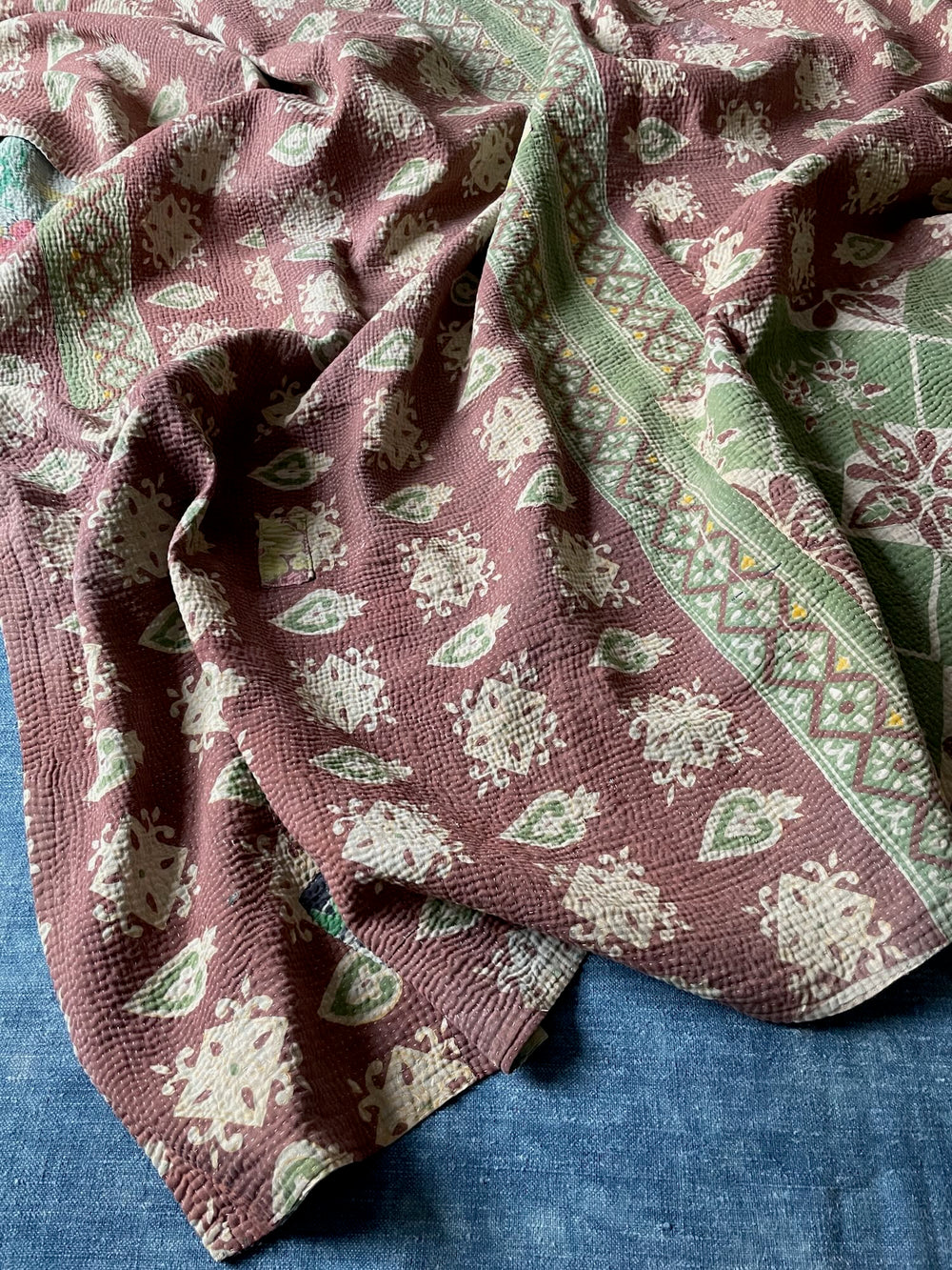 soft green aubergine purple brown kantha bedspread quilt sofa throw boteh pattern washable