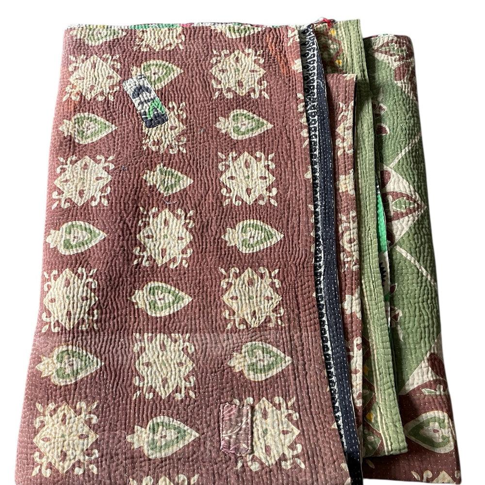 
                  
                    soft green aubergine purple brown kantha bedspread quilt sofa throw boteh pattern washable
                  
                