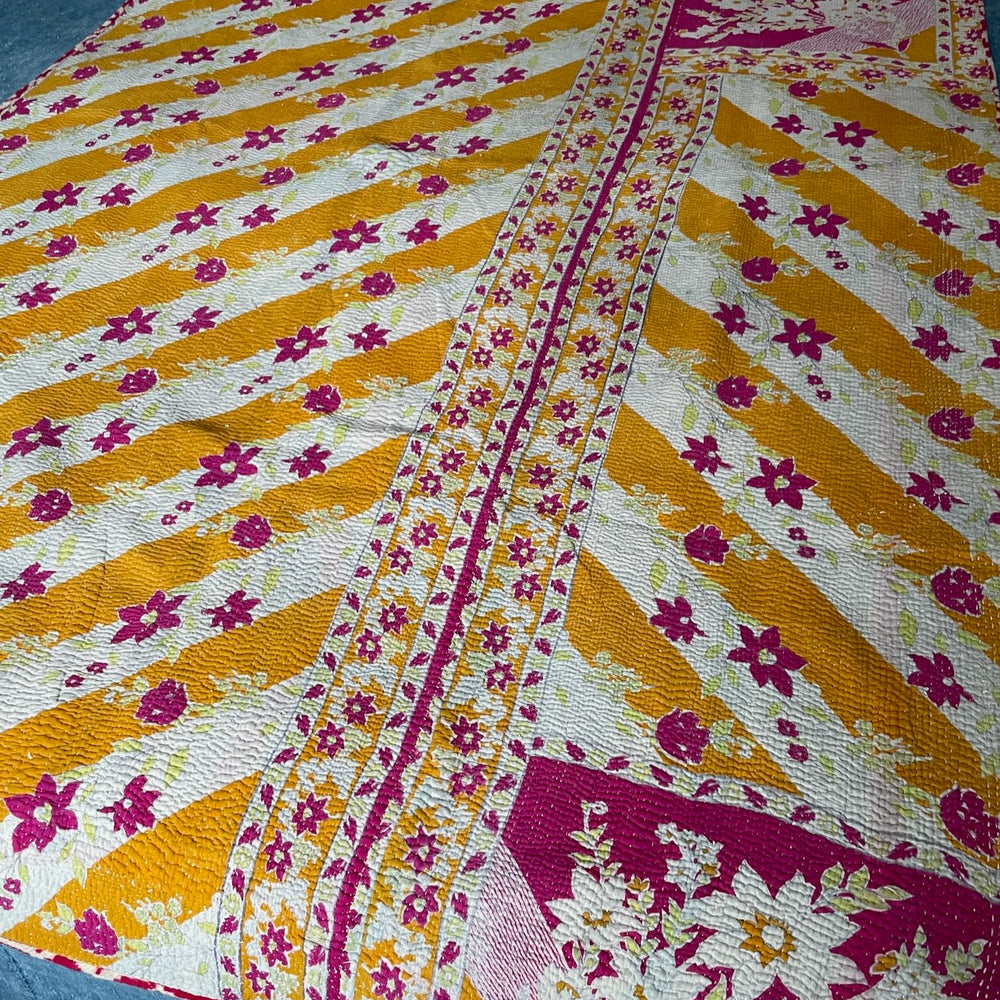 bright orange pink bedspread kantha quilt cotton washable sofa throw hand stitched single double