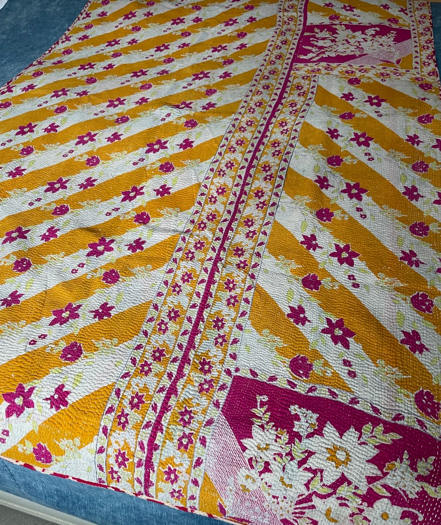 bright orange pink bedspread kantha quilt cotton washable sofa throw hand stitched single double