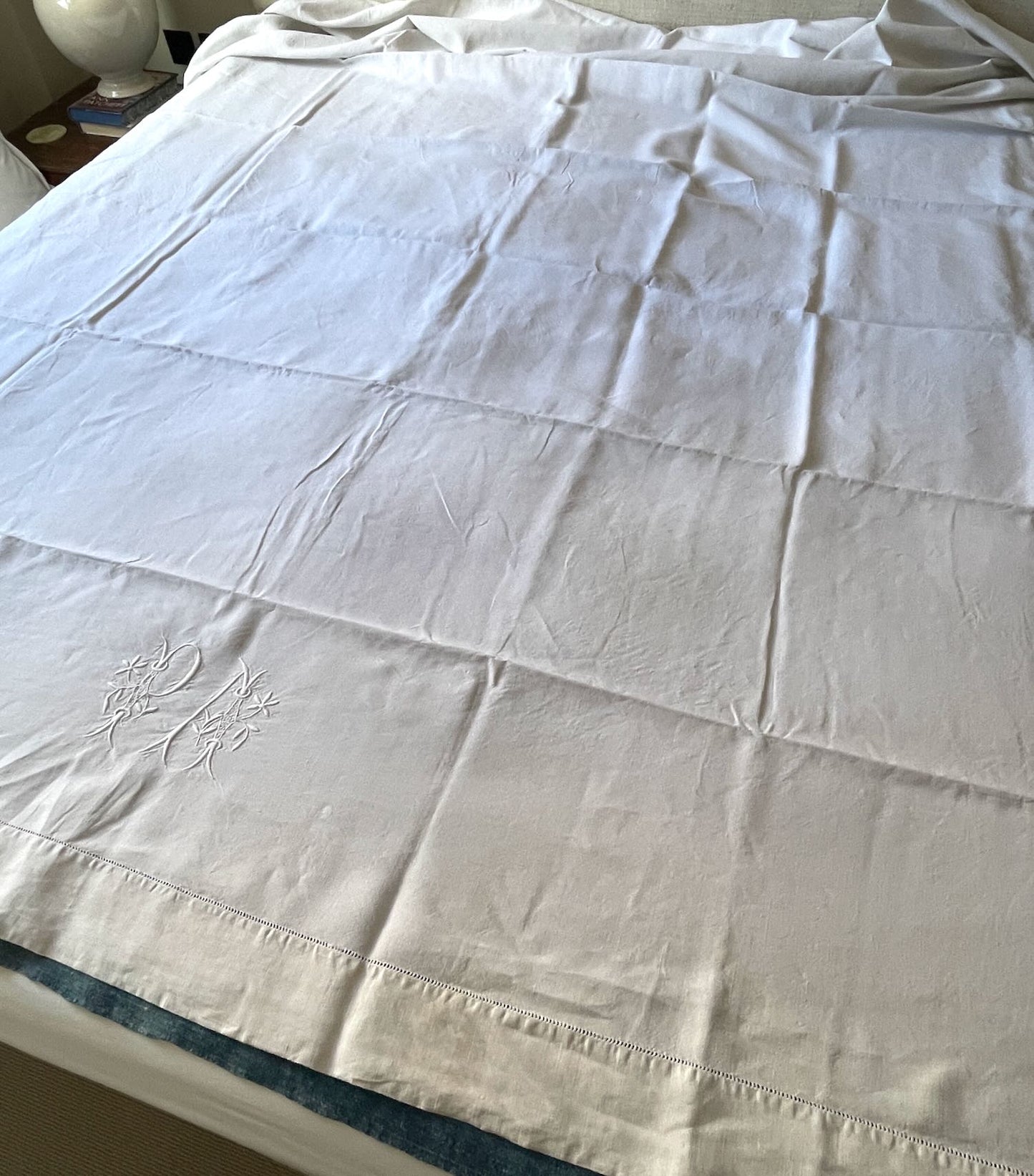 
                  
                    white linen antique french bedsheet curtain pa embroidered monogrammed curtain bedding
                  
                