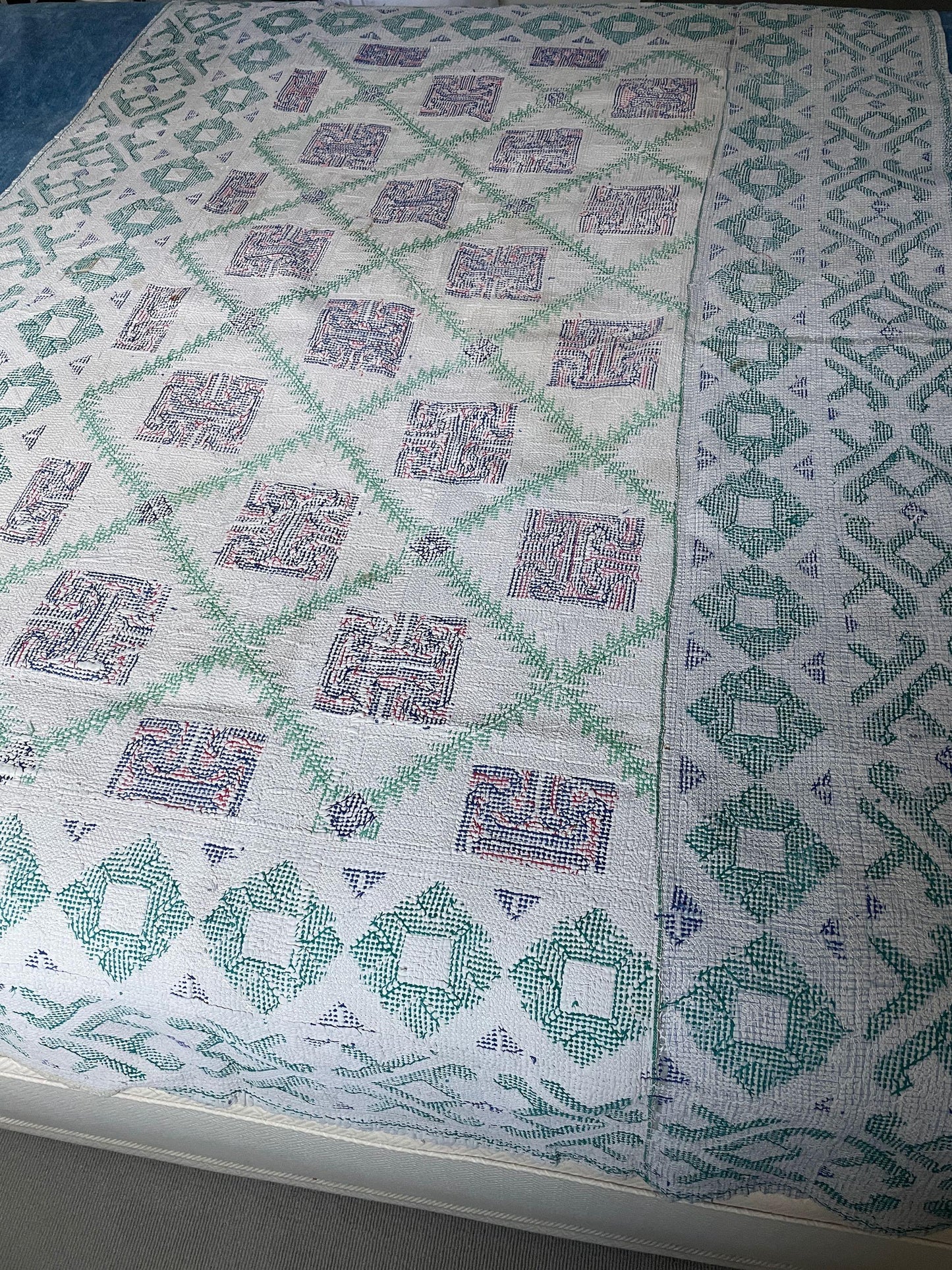 
                  
                    vintage galicha carpet kantha rug quilt wall hanging geometric cross stitch fabric panel red green
                  
                