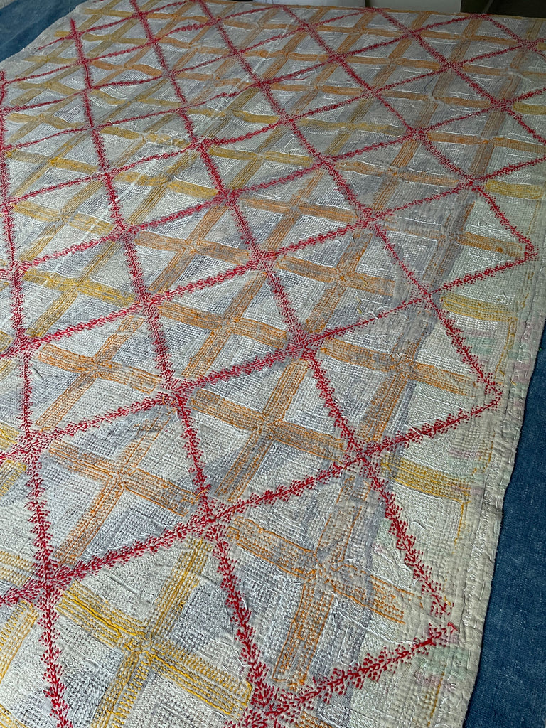 vintage galicha kantha carpet quilt rug wall hanging green white yellow cross stitch fabric panel