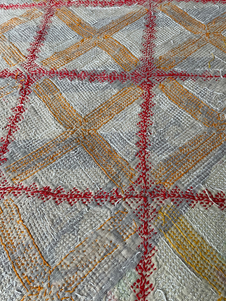 vintage galicha kantha carpet quilt rug wall hanging green white yellow cross stitch fabric panel