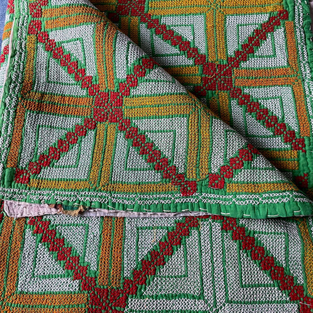 
                  
                    vintage galicha kantha carpet quilt rug wall hanging green white yellow cross stitch fabric panel
                  
                