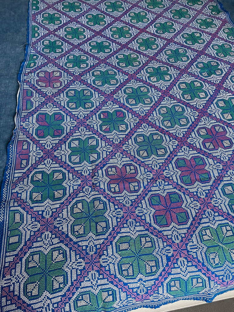 blue pink green vintage galicha embroidered kantha carpet rug quilt geometric wallhanging 
