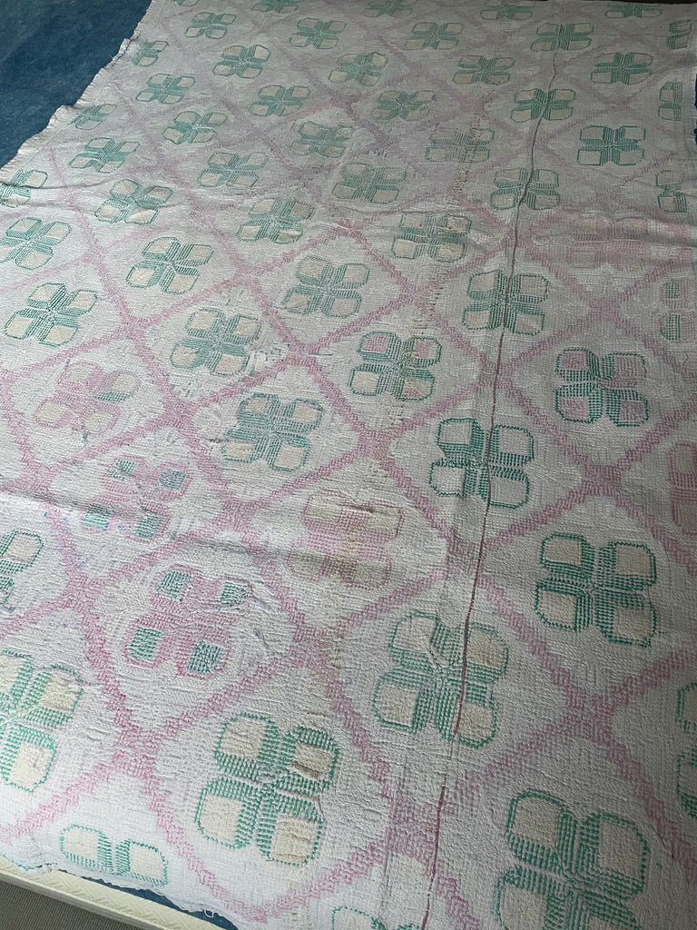 blue pink green vintage galicha embroidered kantha carpet rug quilt geometric wallhanging 