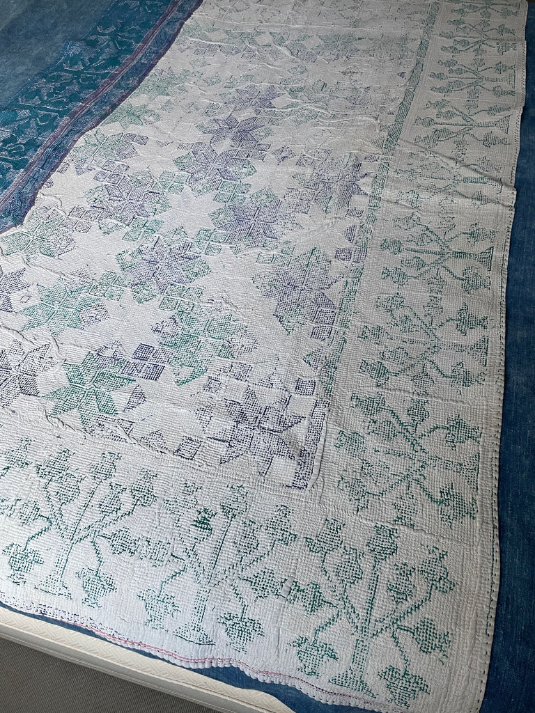 pink blue green vintage galicha kantha carpet quilt rug wall hanging geometric cross stitch fabric 