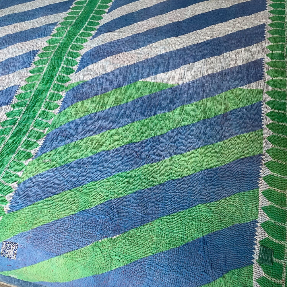 green blue stripes kantha quilt sofa throw cotton comforter machine washable king bedspread