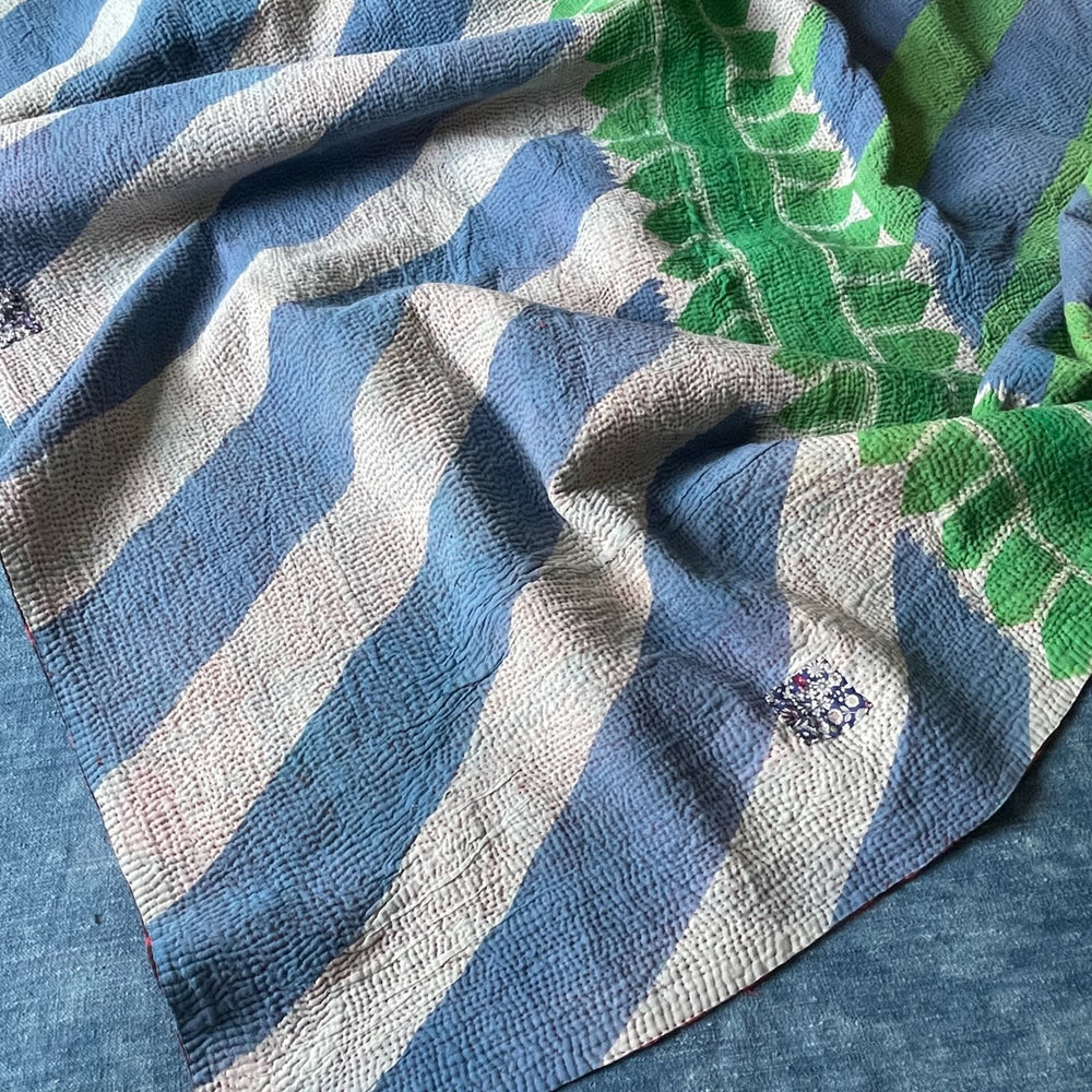 green blue stripes kantha quilt sofa throw cotton comforter machine washable king bedspread