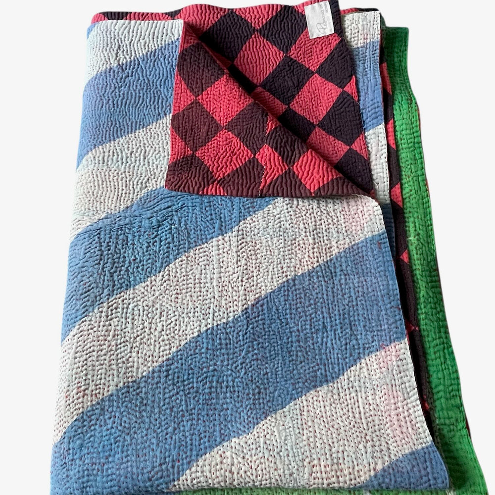 
                  
                    green blue stripes kantha quilt sofa throw cotton comforter machine washable king bedspread
                  
                