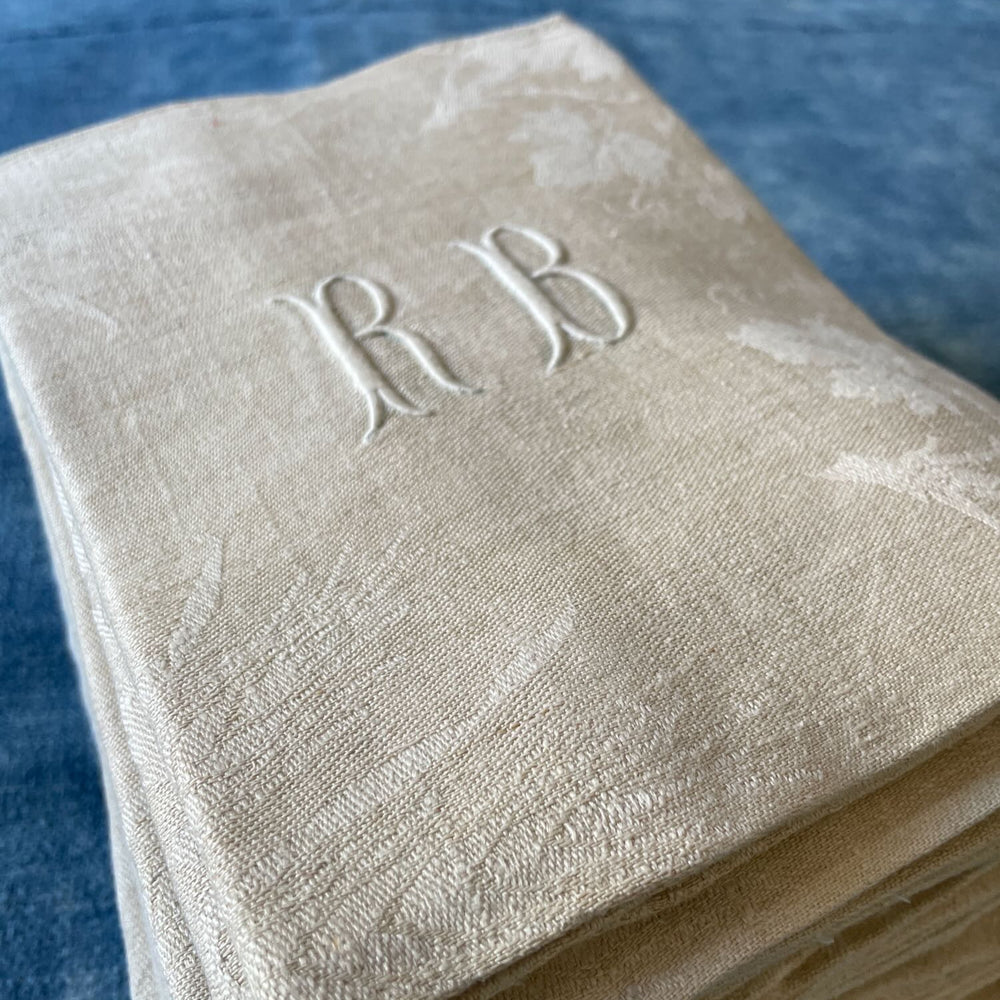 antique french set of table napkins serviettes linen damask RB monogrammed 12 large 