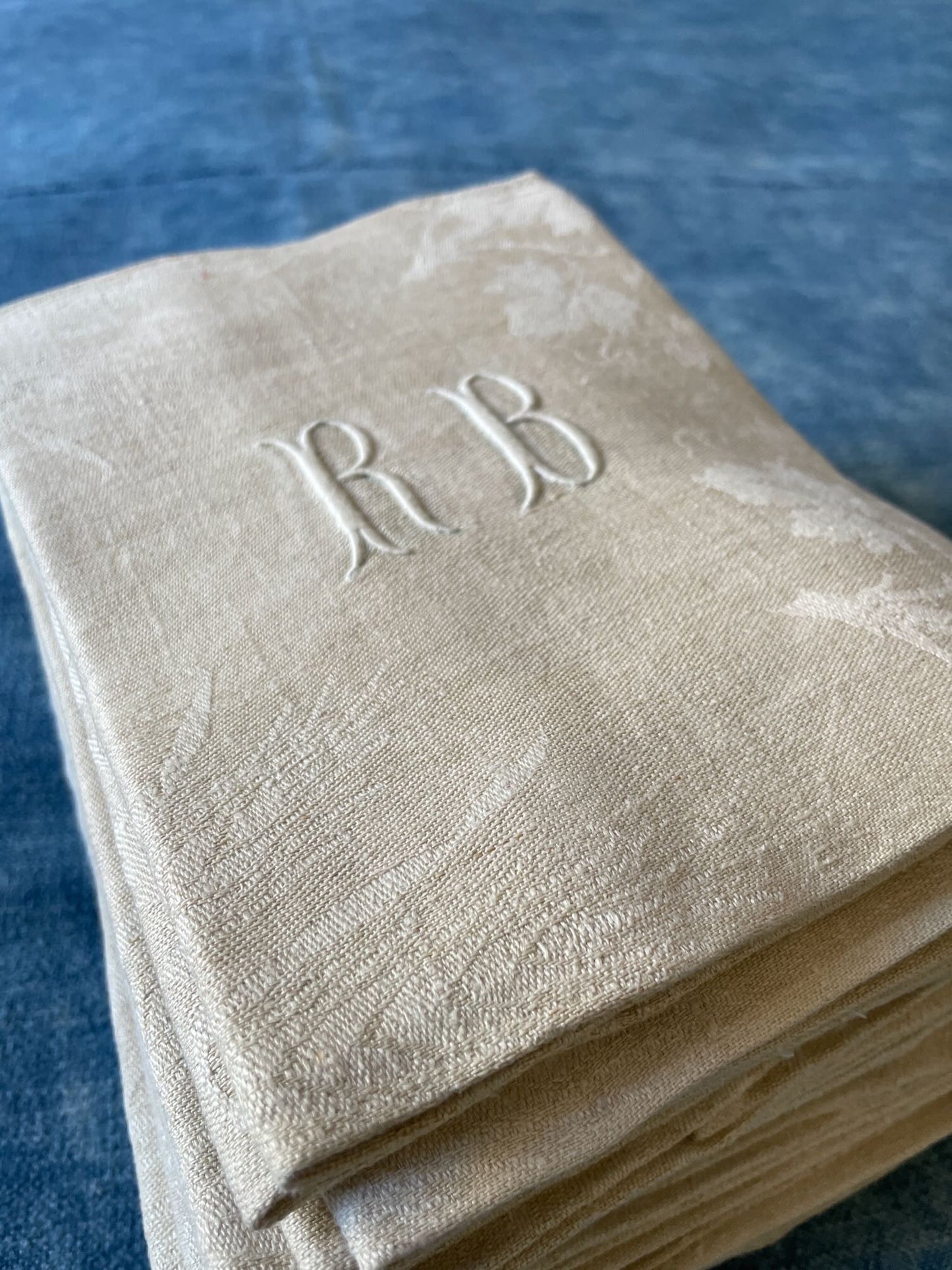 antique french set of table napkins serviettes linen damask RB monogrammed 12 large 