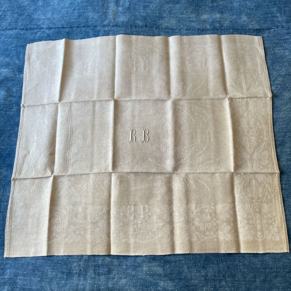 antique french set of table napkins serviettes linen damask RB monogrammed 12 large 