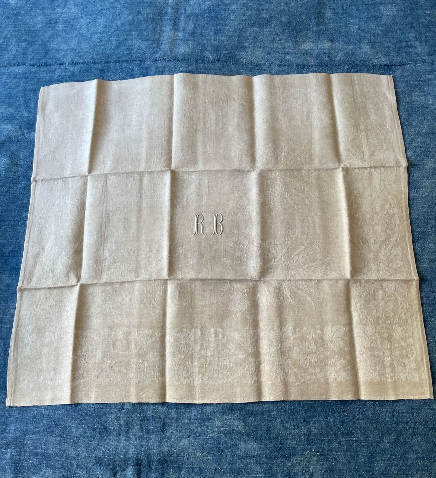 antique french set of table napkins serviettes linen damask RB monogrammed 12 large 