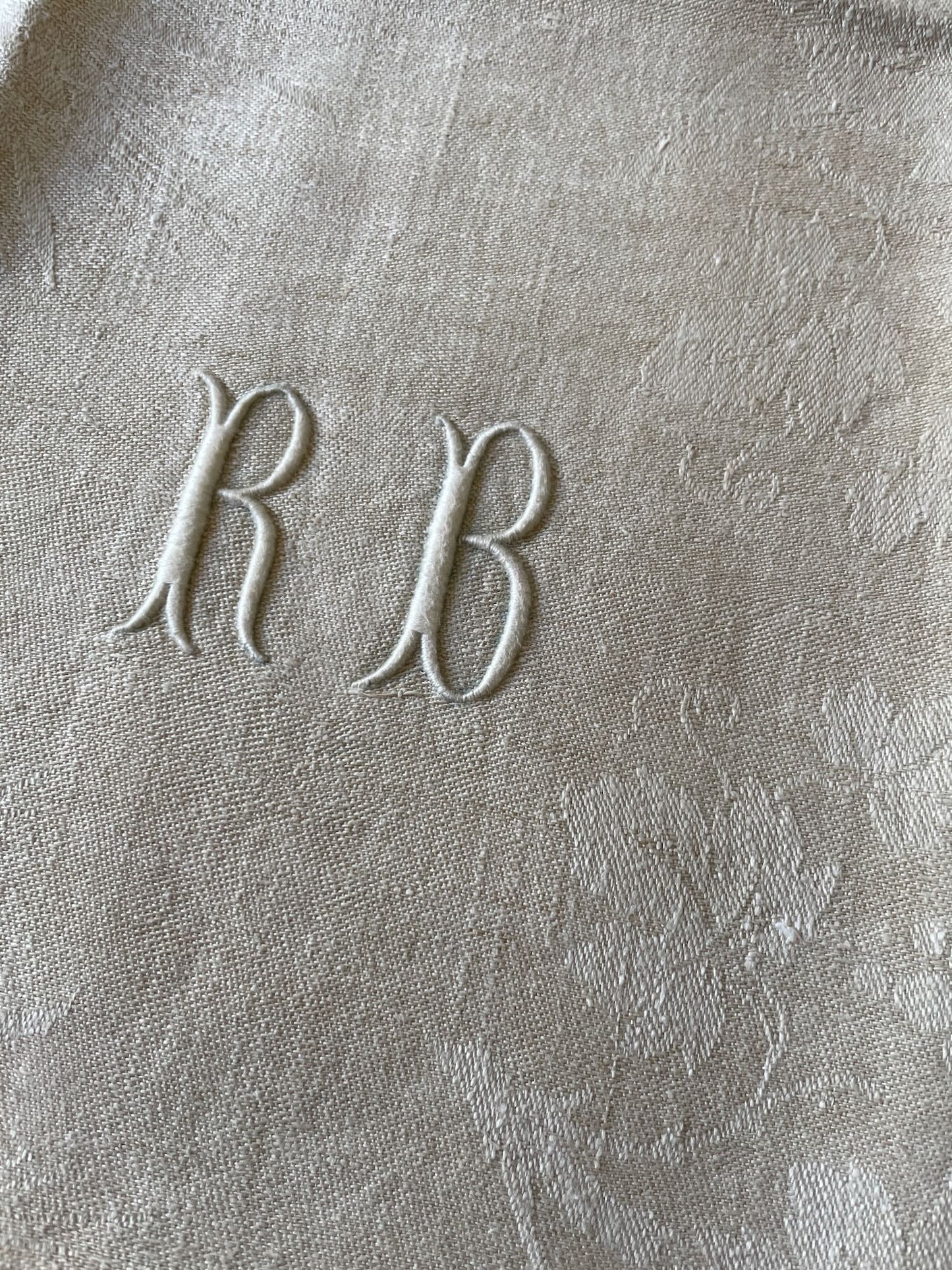 
                  
                    antique french set of table napkins serviettes linen damask RB monogrammed 12 large 
                  
                