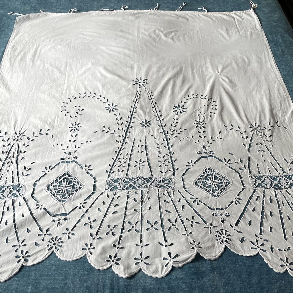 antique french white lace curtain panel embroidered window treatment cut out work pretty 
