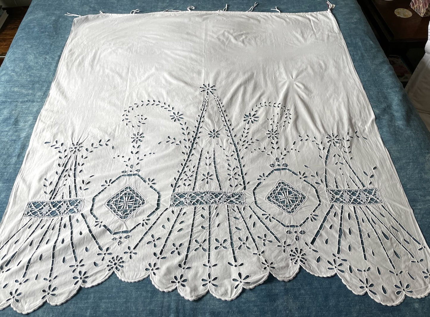 antique french white lace curtain panel embroidered window treatment cut out work pretty 