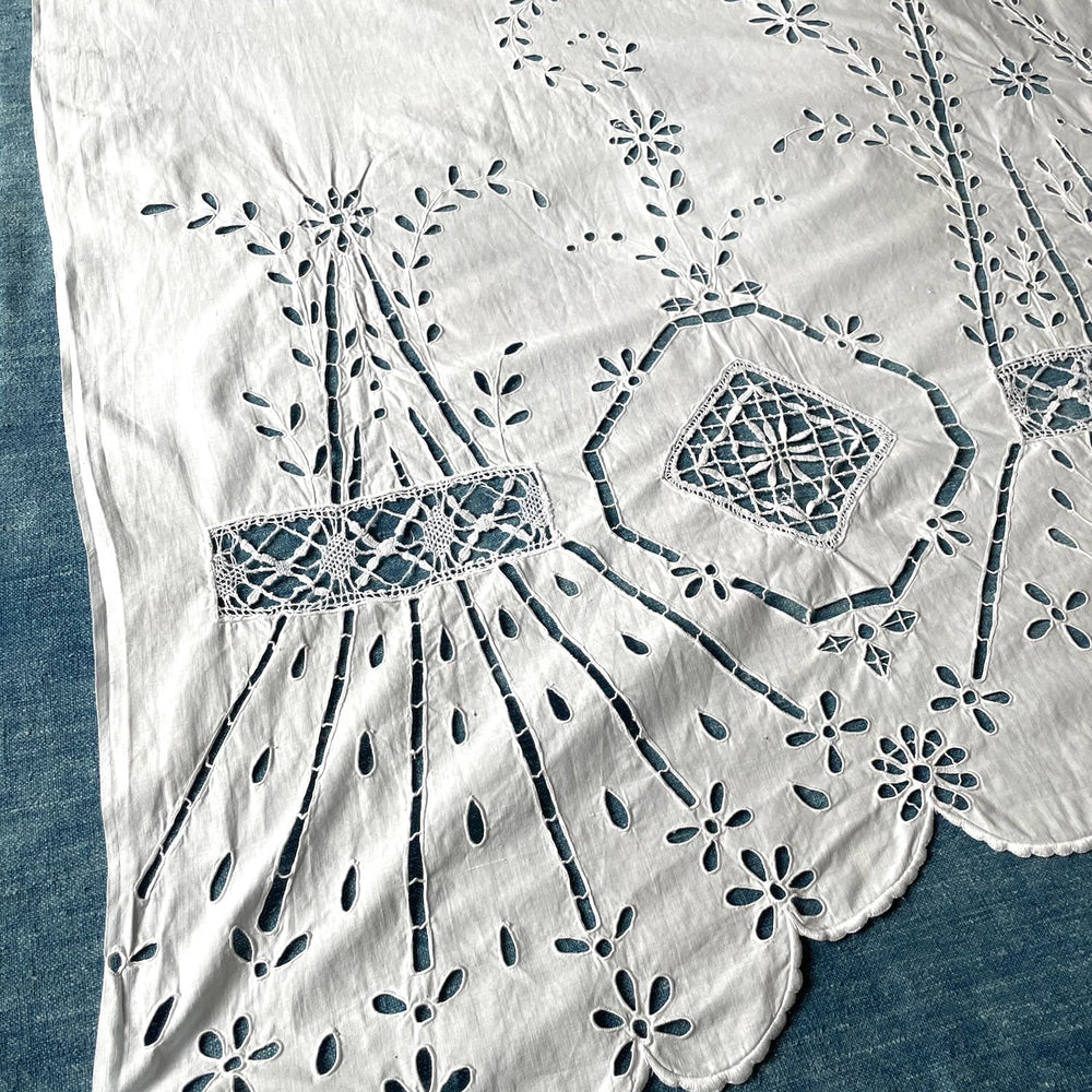 antique french white lace curtain panel embroidered window treatment cut out work pretty 