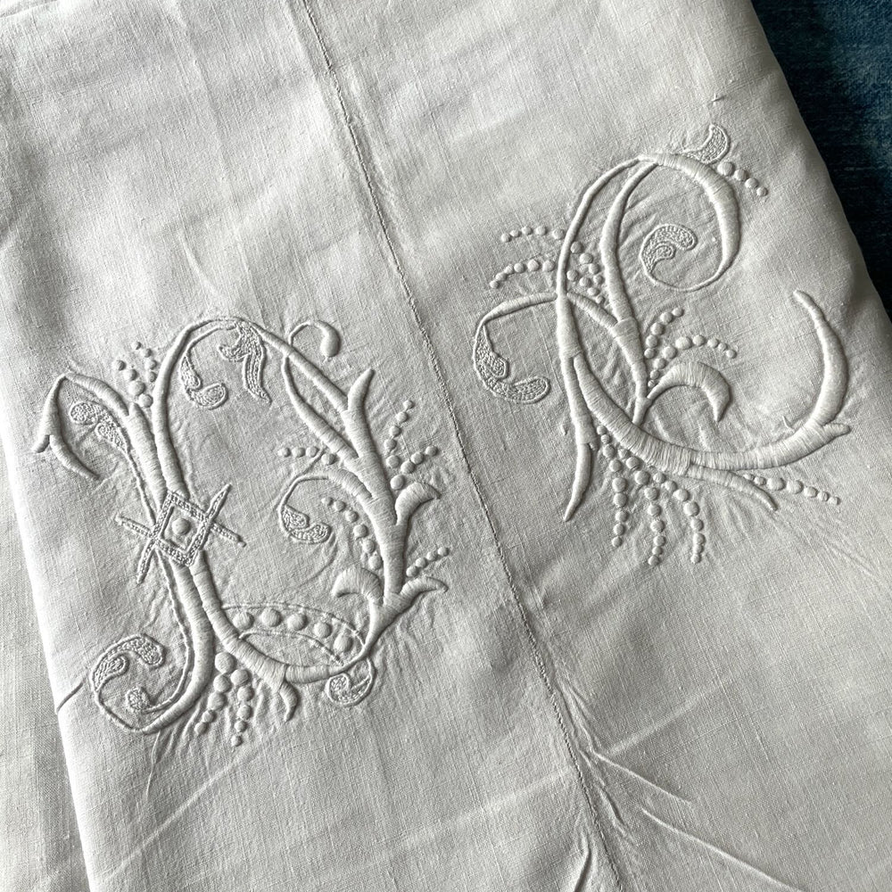 antique french linen bed sheet flat embroidered monogrammed DC white double single cover