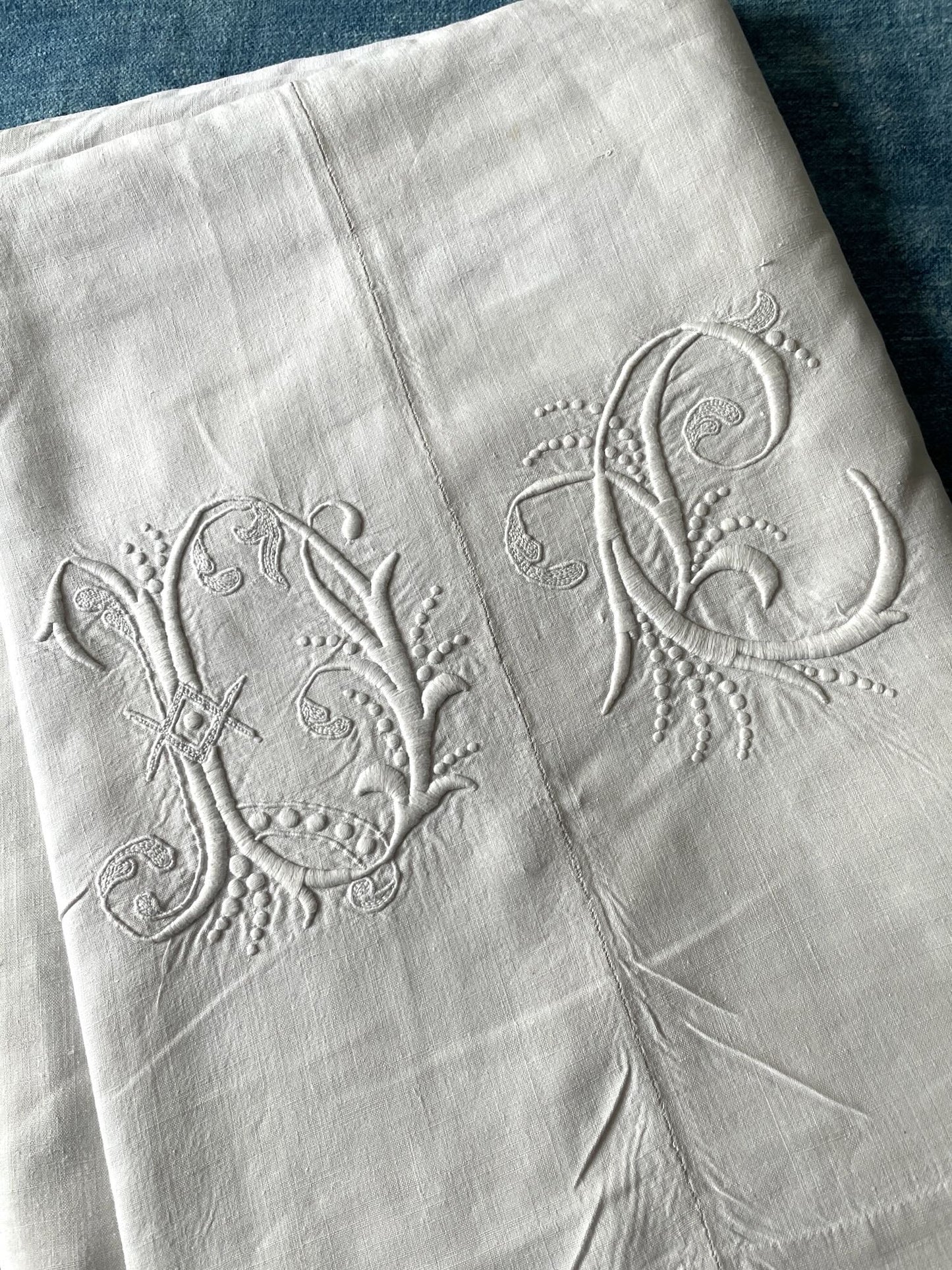 antique french linen bed sheet flat embroidered monogrammed DC white double single cover