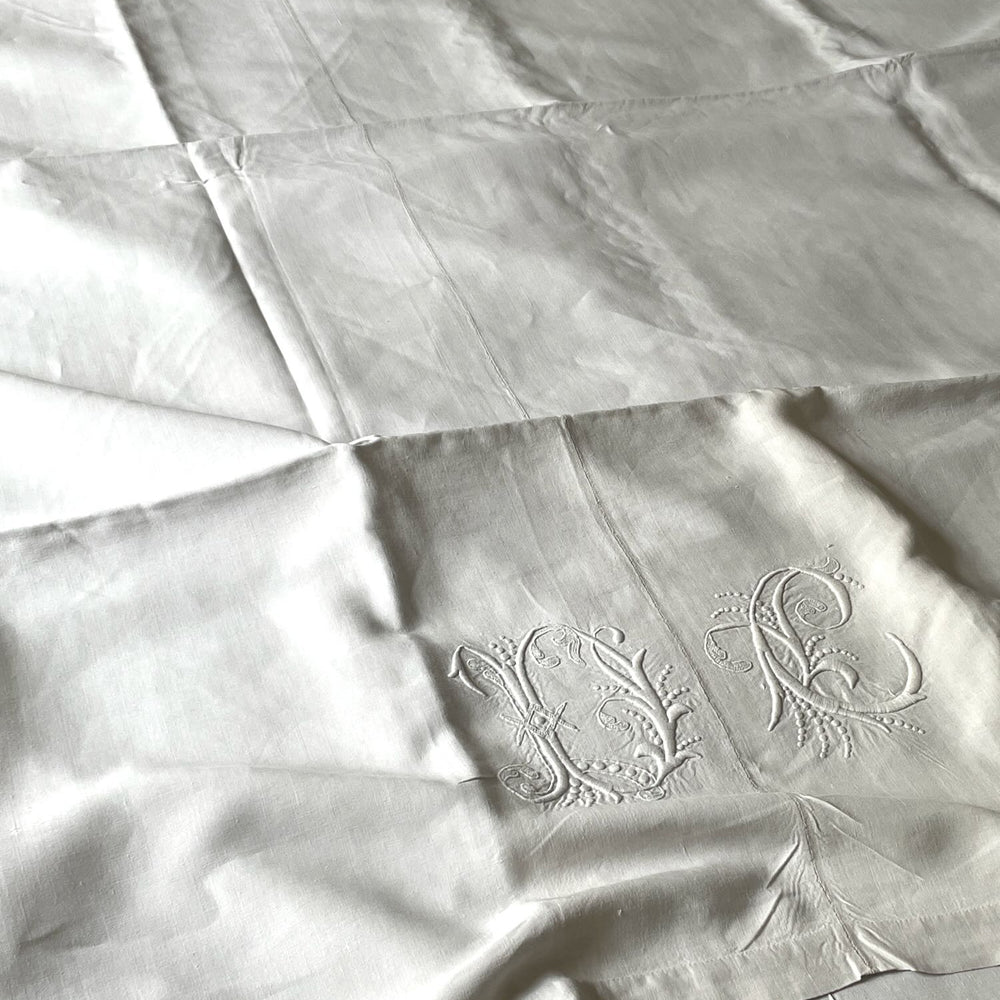 antique french linen bed sheet flat embroidered monogrammed DC white double single cover