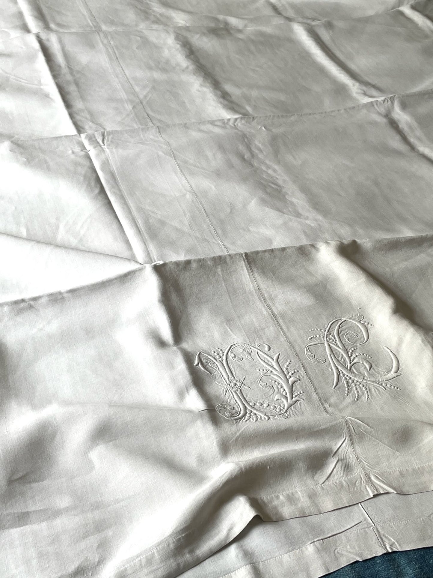 antique french linen bed sheet flat embroidered monogrammed DC white double single cover