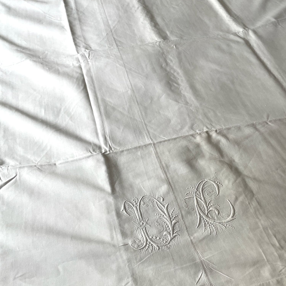 
                  
                    antique french linen bed sheet flat embroidered monogrammed DC white double single cover
                  
                