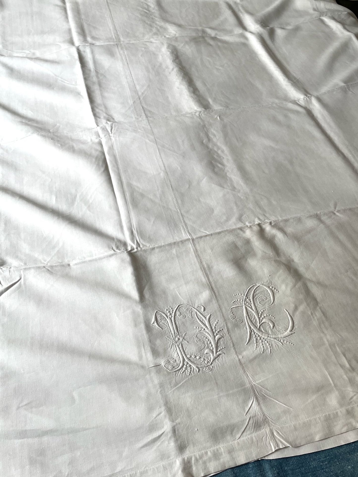 
                  
                    antique french linen bed sheet flat embroidered monogrammed DC white double single cover
                  
                