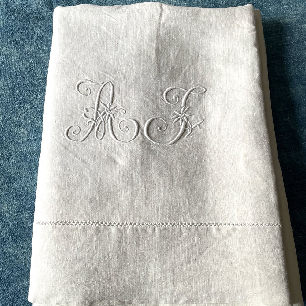 
                  
                    Antique French Linen Sheet Embroidered AJ or AF
                  
                