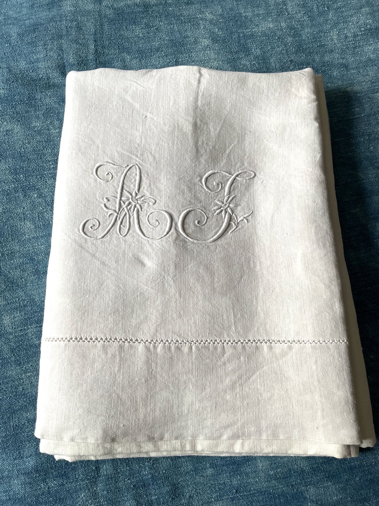 
                  
                    Antique French Linen Sheet Embroidered AJ or AF
                  
                