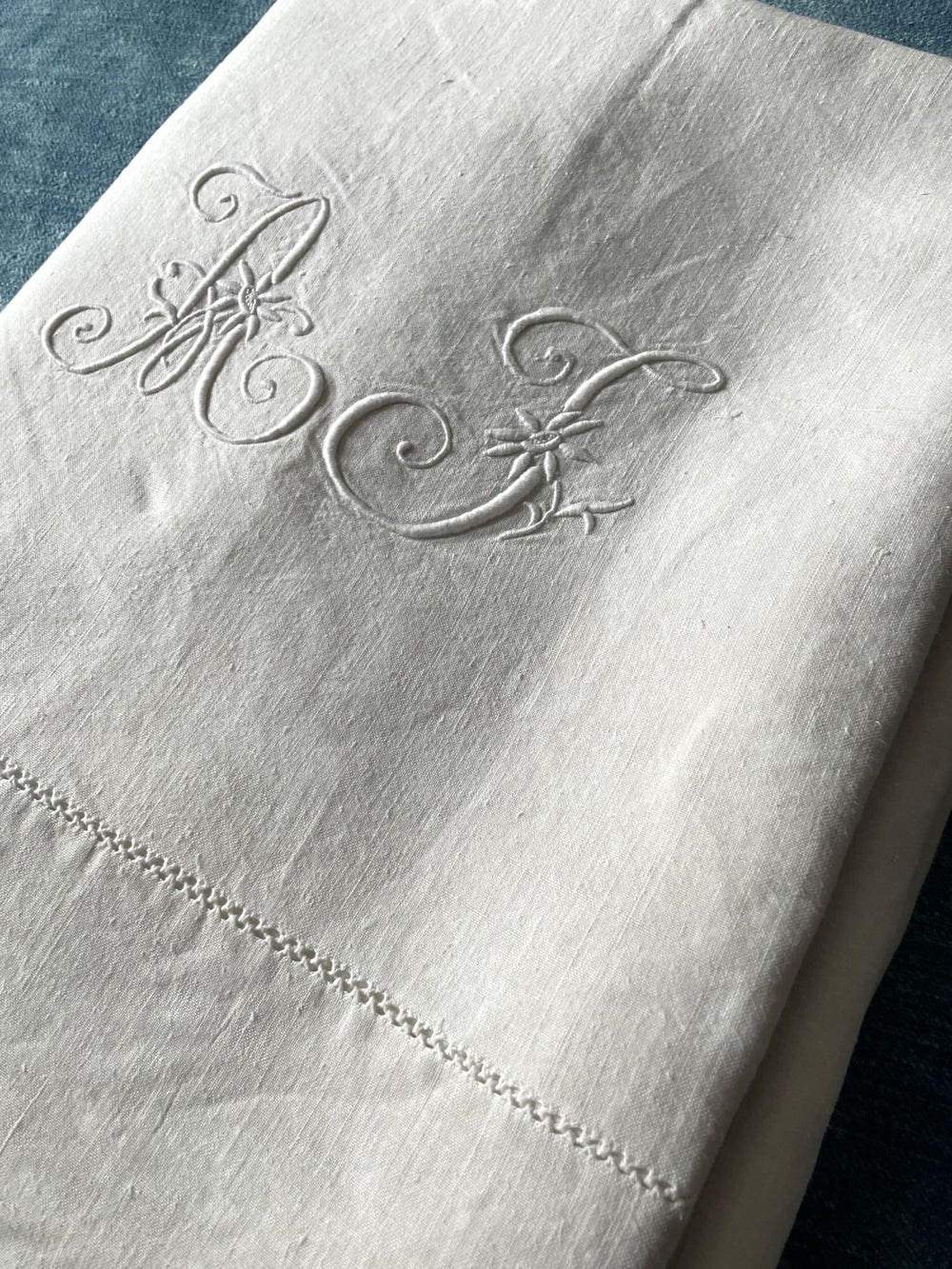 Antique French Linen Sheet Embroidered AJ or AF