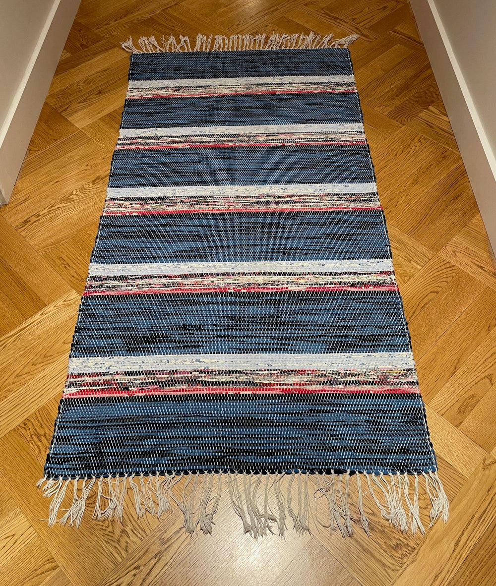 Vintage swedish rag rug scandi trasmatta in blue red stripes kitchen mat bathroom carpet washable