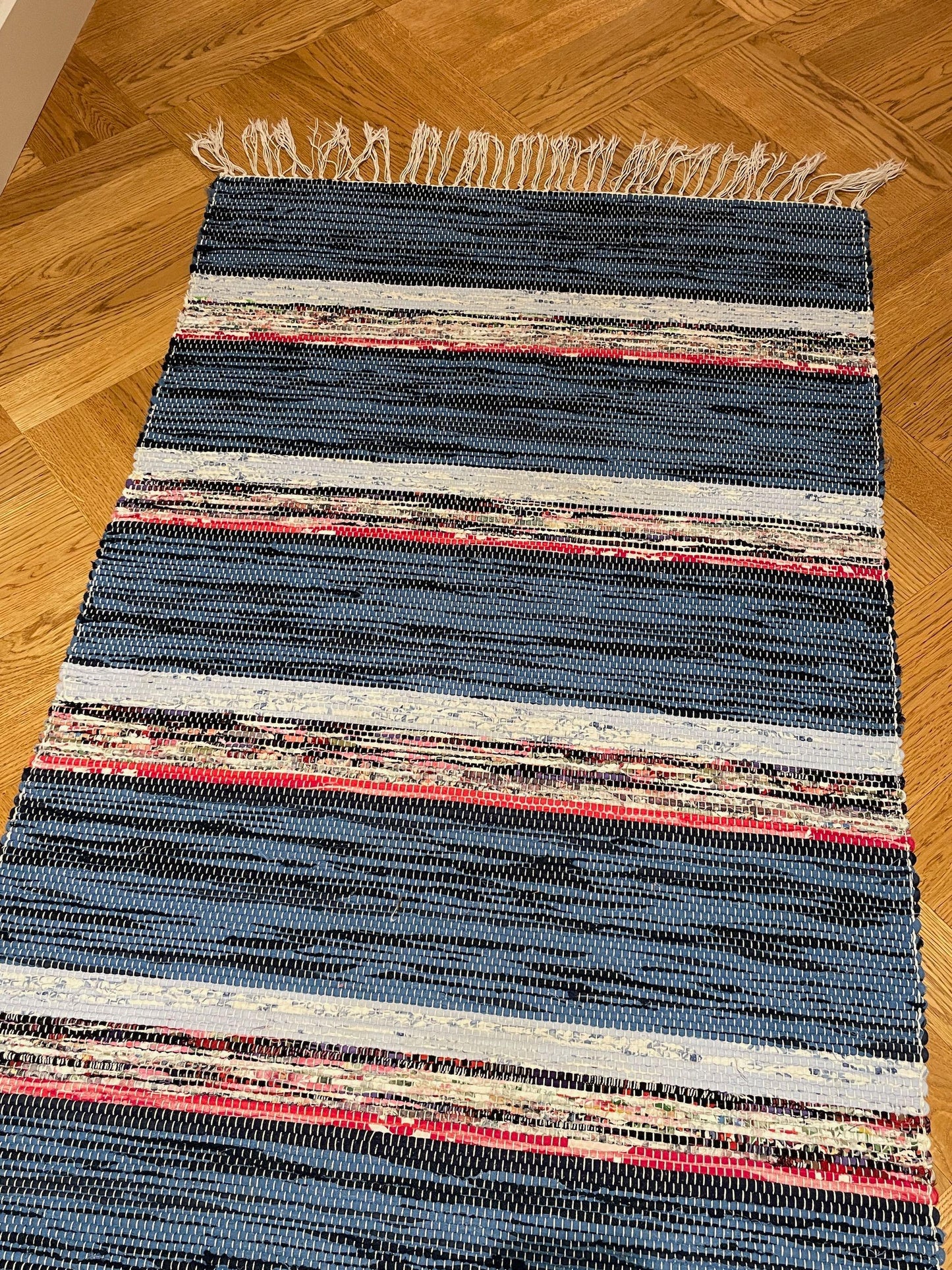 Vintage swedish rag rug scandi trasmatta in blue red stripes kitchen mat bathroom carpet washable