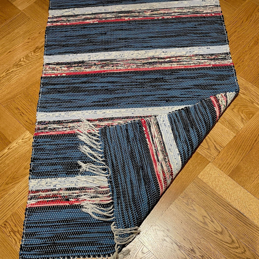 
                  
                    Vintage swedish rag rug scandi trasmatta in blue red stripes kitchen mat bathroom carpet washable
                  
                