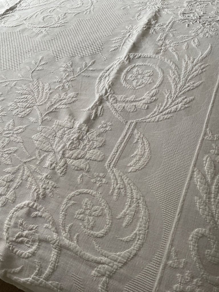 large antique french pique de marseille white cotton marriage quilt embroidered CM heirloom textiles