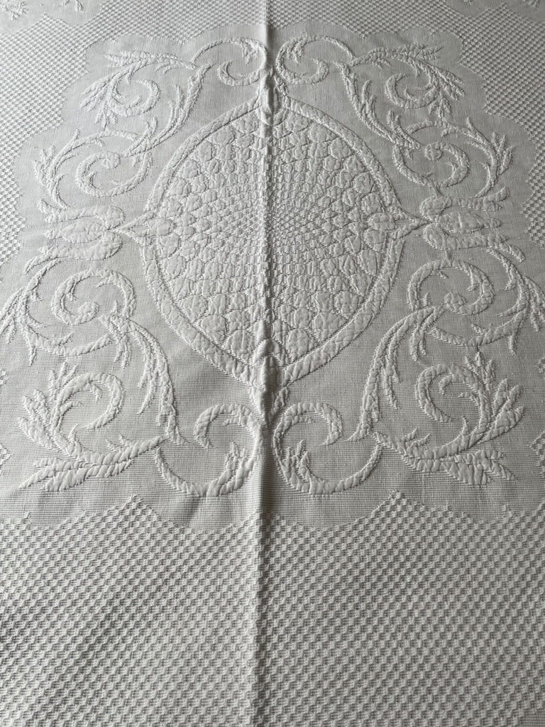 large antique french pique de marseille white cotton marriage quilt embroidered CM heirloom textiles