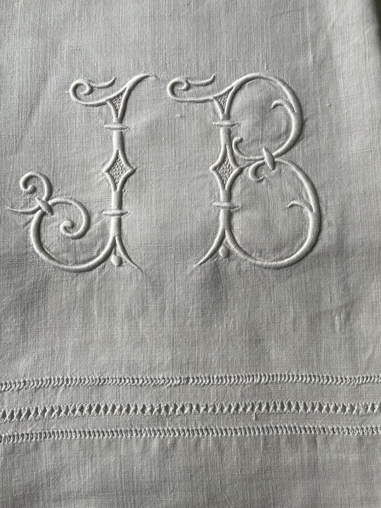 antique French linen sheet embroidered JB large bedspread, curtain or tablecloth excellent condition